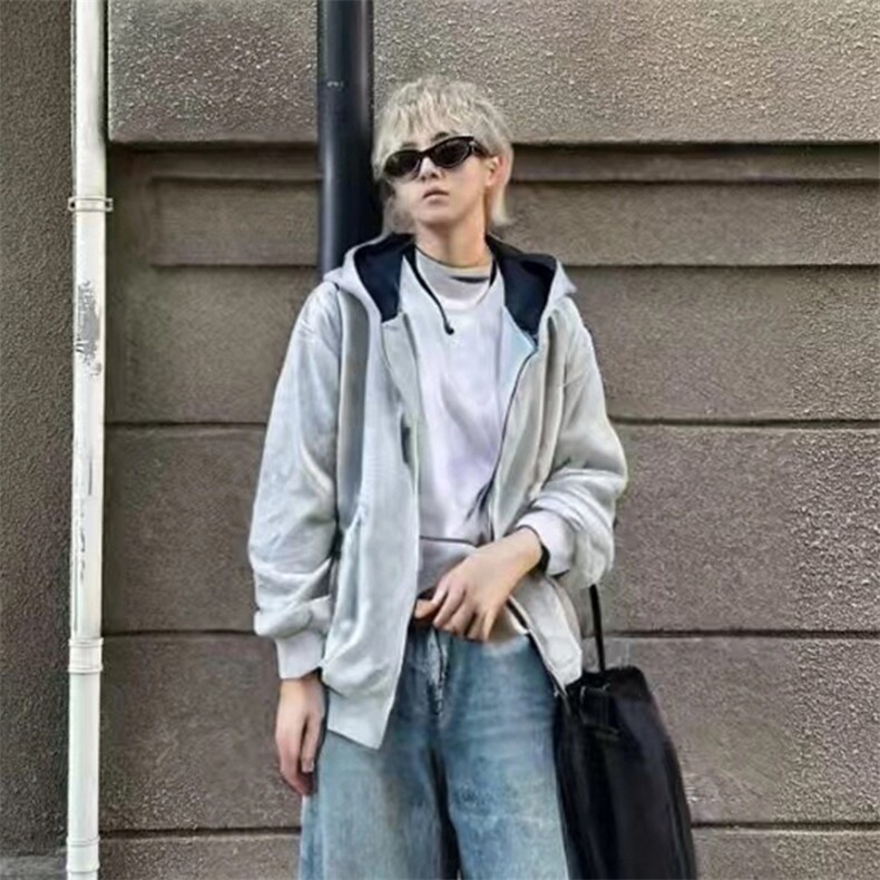 抖音得物二开美式高街重磅结构双层撞色连帽卫衣开衫外套W116,男装卫衣,电商A486
