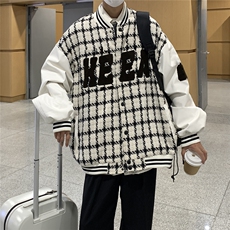 EQ85毛巾绣棒球服外套男格子编织夹克2024新款春装港风P113，男装夹克，电商C306-1