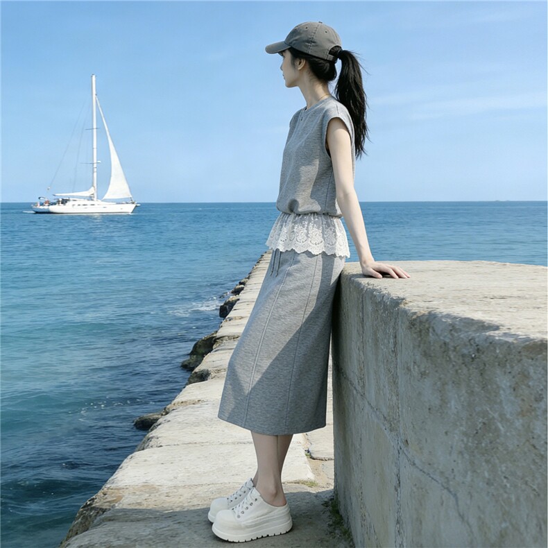 设计感时尚气质简约套装女夏新款蕾丝拼接无袖上衣半身长裙两件套,女装套装/套裙,江南