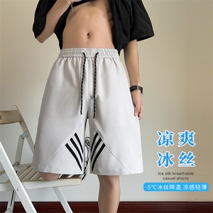 特批P25无差价夏季拼接三条杆凉感冰丝垂感宽松五分短裤男DK5805图片