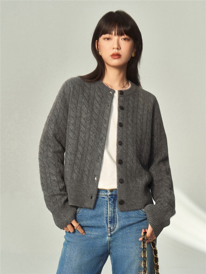 秋冬新款女圆领外搭纯色韩版毛衣外套显瘦开衫,女装羊绒衫,澳霖羊绒