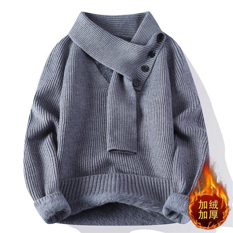 25736JR-特P60加绒加厚秋冬款圆领针织毛衣男带围脖打底衫,男装T恤,电商D310B