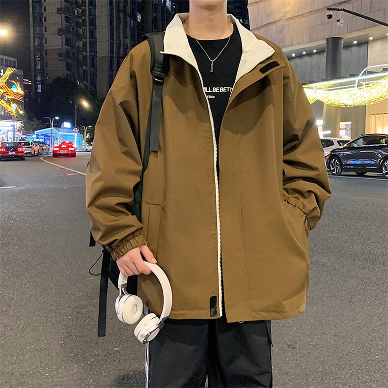 港风秋季新款宽松夹克男纯色立领上衣两面穿外套MYJ24-7908-P68图片
