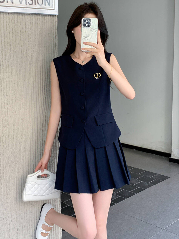 英伦风藏青色无袖马甲半身裙套装女夏大方得体流行两件套小个子,女装套装/套裙,超帛