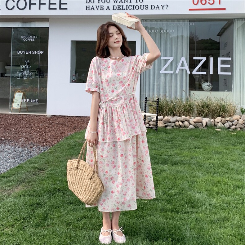 粉色泡泡袖碎花连衣裙女2025年夏季新款韩系甜美宽松小个子娃娃裙,女装连衣裙,2C220