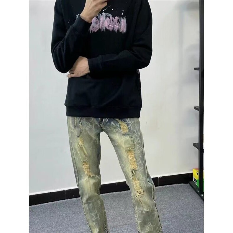 1506-1/K50061/P49复古五角星印花牛仔裤男修身直筒个性做旧破洞,男装牛仔裤,星座1506-1