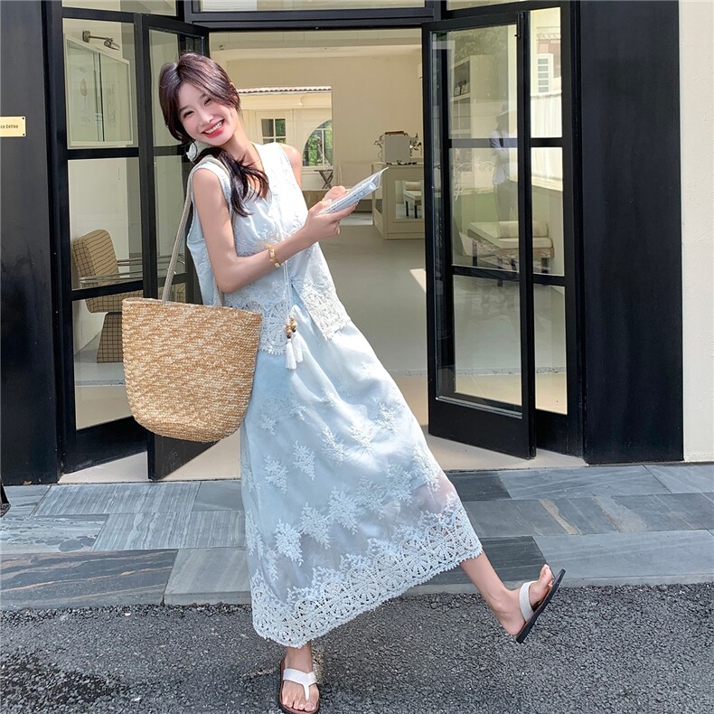 复古蕾丝刺绣背心套装裙女2025夏季新款时尚气质高腰半身裙两件套,女装套装/套裙,2C133
