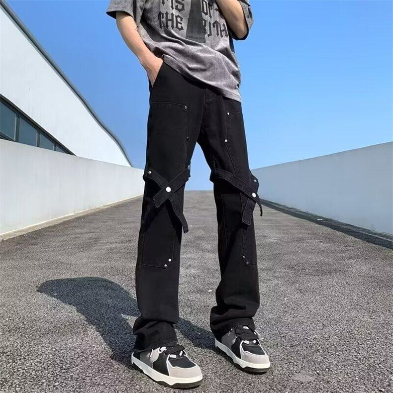 DN121-P48高街排扣工装裤男春夏季直筒微喇裤美式街头潮牌休闲裤,男装牛仔裤,星座603-2