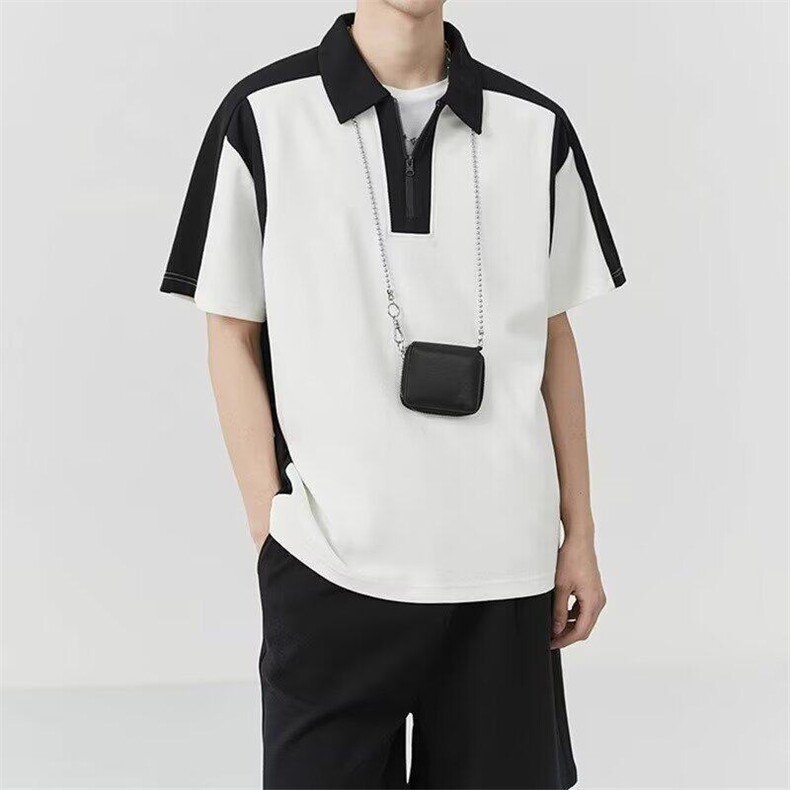 网络图撞色拼接polo衫男士短袖25夏季新款宽松拉链翻领半袖t恤，男装Polo衫，星座410-7
