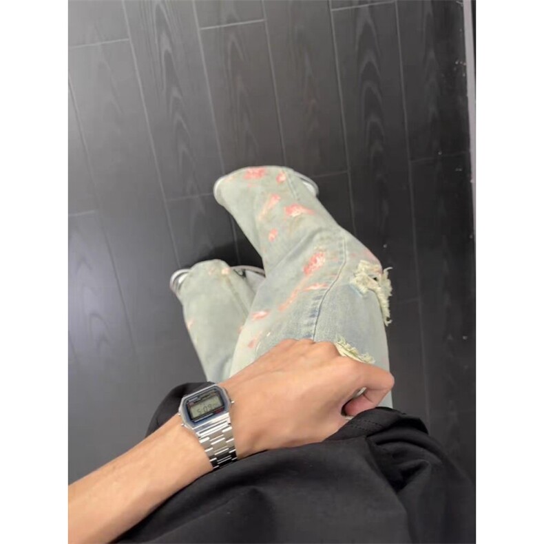 美式高街破洞牛仔裤男款夏季显瘦裤子玫瑰满印直筒长裤A0988-P50,男装牛仔裤,星座1008