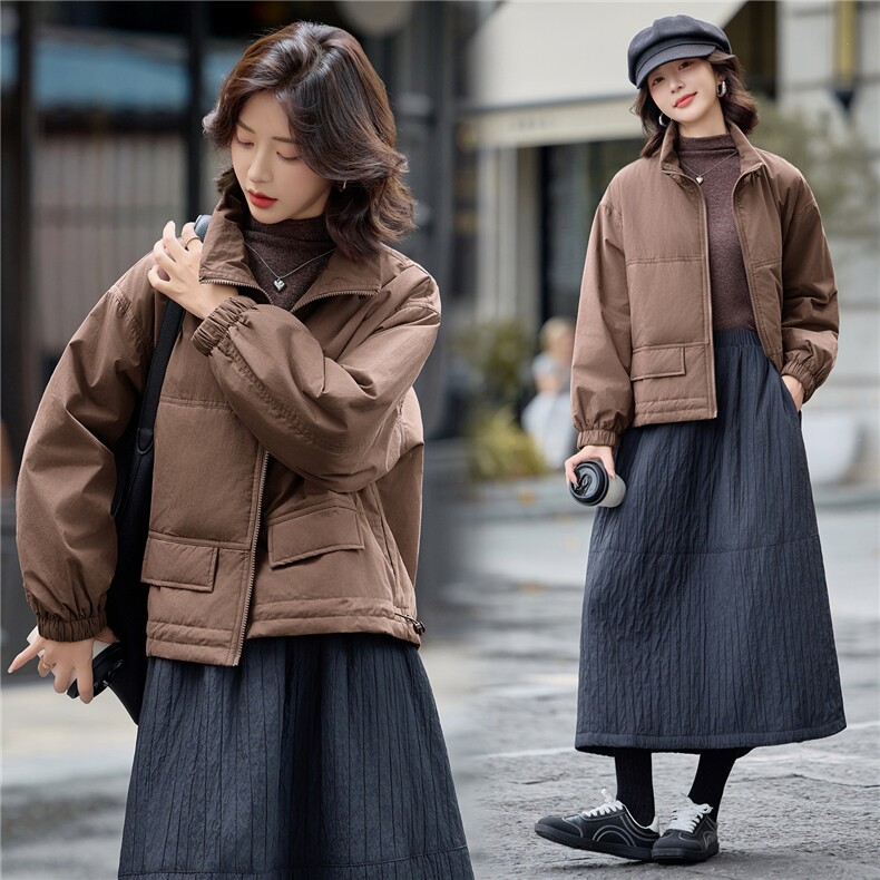 咖色立领夹棉服女短款厚外套秋冬2025新款休闲二棉衣小个子棉袄，女装棉衣/棉服，梦懿尔