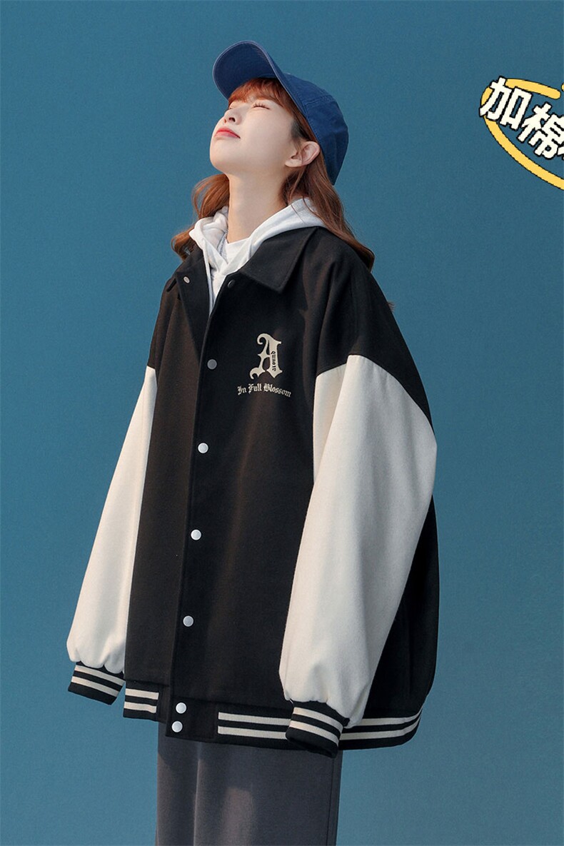 中性春季美式复古拼接螺纹翻领棒球服百搭夹克G612P85控118,男装夹克,A247A