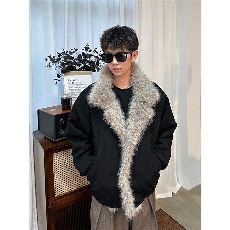 现货重磅硬挺boxy羽绒棉衣座山雕大毛毛领洗水麂皮棉服冬外套，男装棉衣，电商A486-1