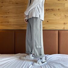 K716-P55秋季港风大码松紧破洞牛仔裤男直筒老爹裤拖地裤，男装牛仔裤，电商B369（原A024）