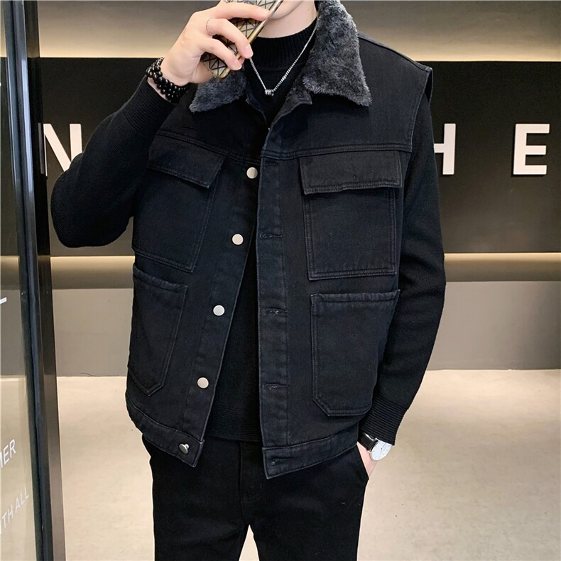MJ214J-65-限价98 M-5XL 牛仔马夹大码加绒羊羔绒工装座山雕图片