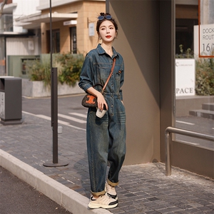 时尚显瘦牛仔连体裤女春季新款高腰宽松长袖工装裤百搭休闲裤图片