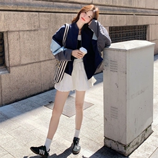 休闲撞色拼接藏蓝色短外套女春秋2025新款小个子减龄巨好看高级感，女装短外套，2D143