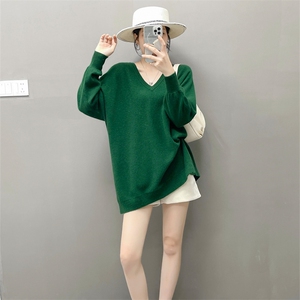 山羊绒蝙蝠袖慵懒风毛衣宽松v领羊毛针织衫女秋冬中长款大码上衣图片