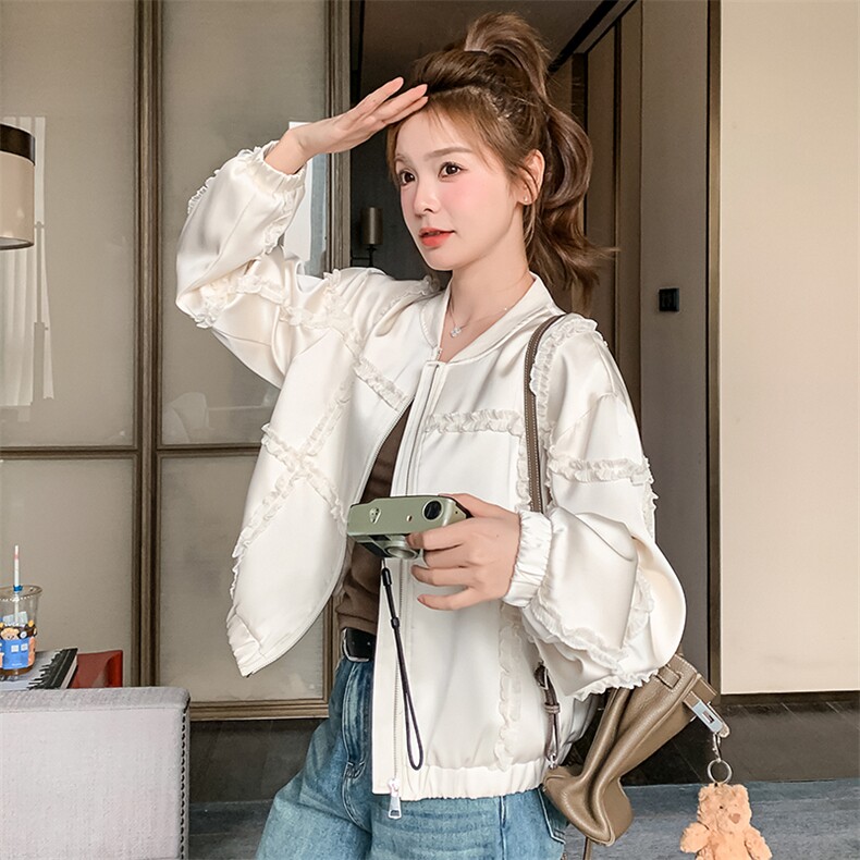 米白色设计感花边短款外套女2025初春新款韩版时尚小个子减龄上衣图片