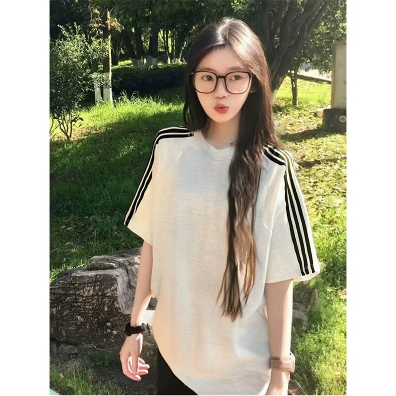 抖音得物品质二开240克宽松纯棉美式潮牌印花三条杠中性风短袖T恤,男装T恤,电商A486-1