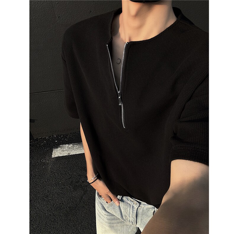 主推美式半拉链华夫格纯色短袖T恤宽松打底衫男女H1063特P20，男装T恤，电商A341