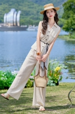 2026年夏季时尚亚麻短袖衬衫阔腿裤两件套装，女装套装/套裙，简韵佳