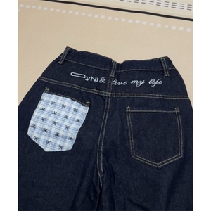 现货格子拼接刺绣牛仔裤 春夏美式复古宽松BF慵懒拖地长裤G355P50图片