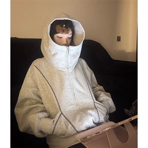 抖音得物高品质秋冬美式高街重磅结构辑明线纹理连帽卫衣外套W111图片