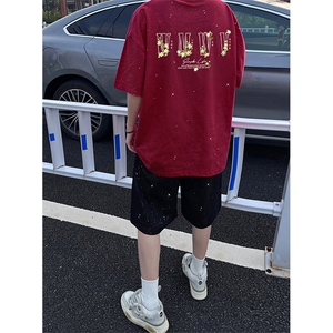 可48小时发货支持抖音得物来样二开 美式满天星亮片短袖T恤MTX641图片