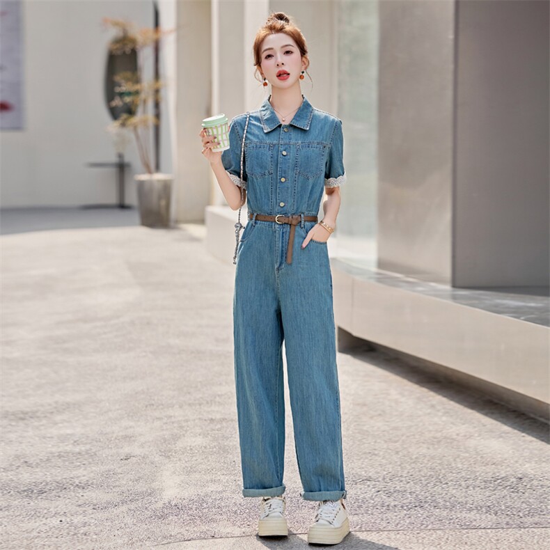 欧货薄款牛仔连体裤女2025夏新款时尚炸街显瘦蕾丝拼接直筒连衣裤,女装连体裤,意芙