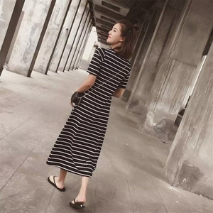 慵懒风条纹针织连衣裙夏季微胖mm显瘦宽松遮肚子法式温柔裙子图片