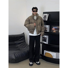 现货5W件冬季三防重磅硬挺boxy短款羽绒立领PU皮棉衣外套加厚棉服，男装棉衣，电商A486-1