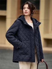 2025年冬季中长款连帽夹棉菱格棉衣棉服外套，女装棉衣/棉服，简韵佳