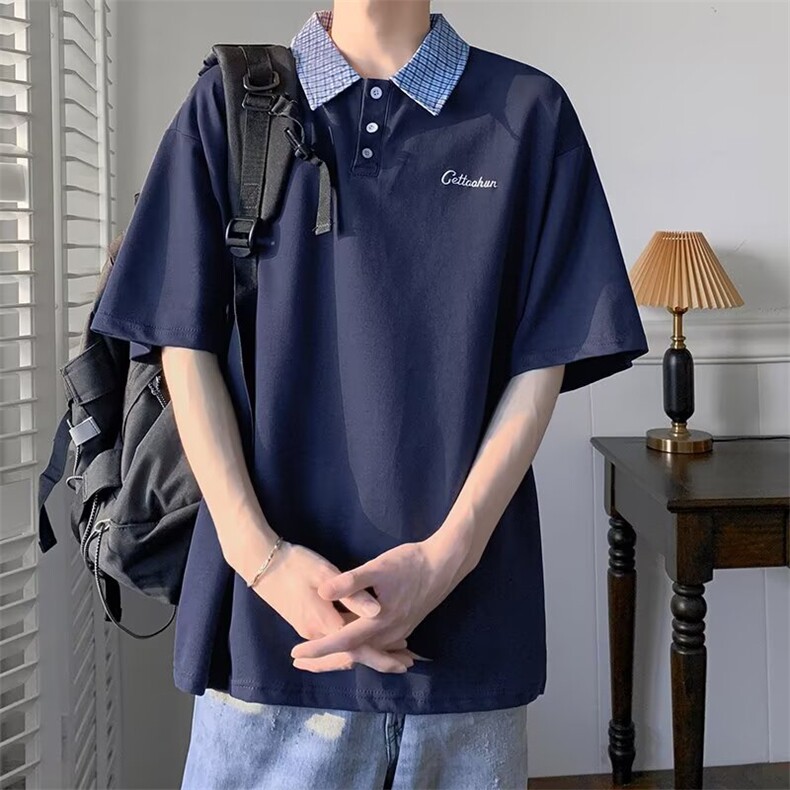 美式街头复古小众短袖Polo衫男女夏季宽松休闲学院风格子翻领T恤,男装Polo衫,四季星座505