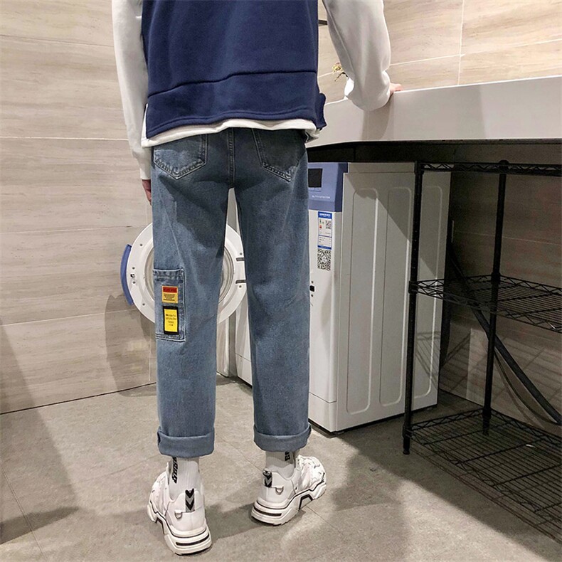 港风春夏款男牛仔裤多口袋贴标印花直筒宽松九分牛仔裤N,男装牛仔裤,星座1013-1