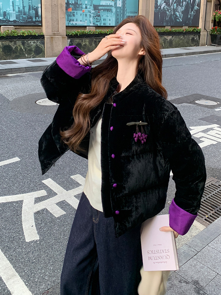 现货！（90新标带检）丝绒料新中式短款立领加厚保暖气质羽绒服女,女装羽绒服,衣秀之家