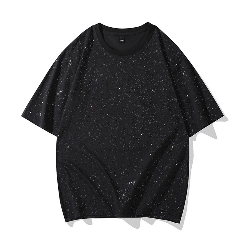 抖音得物高品质二开230克美式高街宽松纯棉满天星亮片短袖T恤P17,男装T恤,电商A486-1