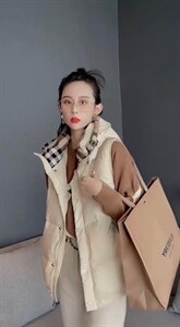 2021秋冬新款时尚休闲连帽拼格羽绒马甲,女装马甲,L·H·X