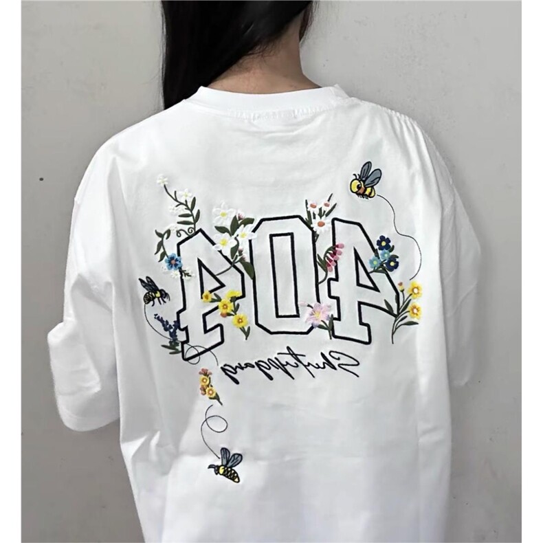 全幅蜜蜂花卉刺绣短袖T恤男女美式潮牌夏季宽松凉感休闲半袖上衣,男装T恤,星座1210-1