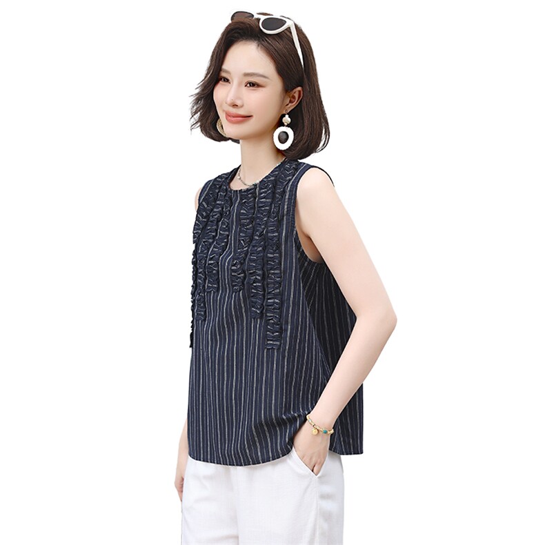 2025年夏季条纹无袖T恤休闲/淑女全棉圆领,女装T恤,小林双子