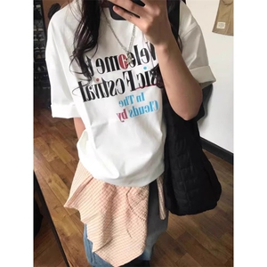 T0764-P25印花多彩字母纯棉T夏季宽松小众设计复古上衣图片