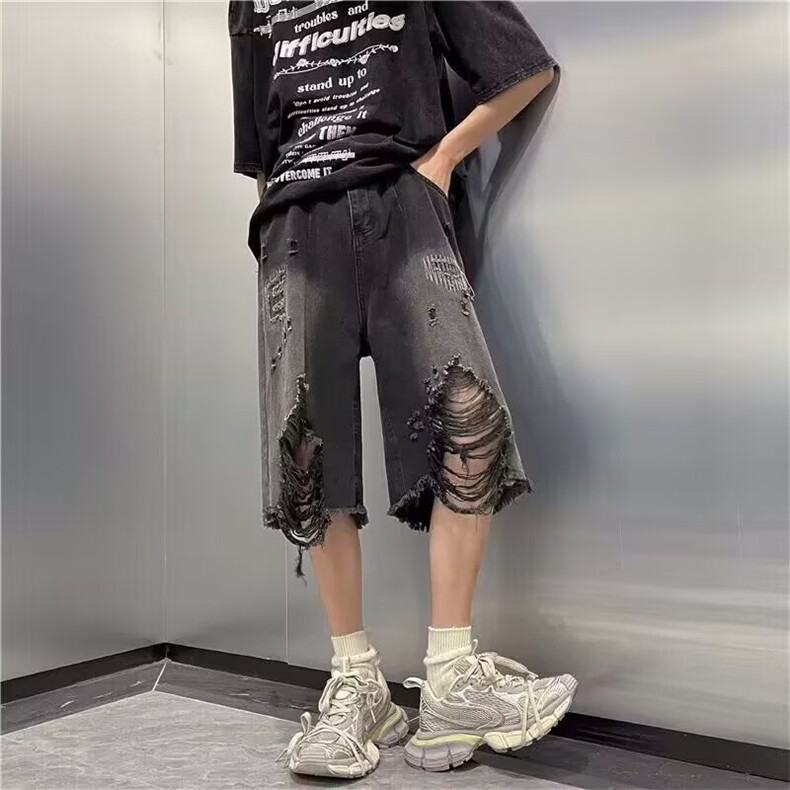 601-P36美式水洗做旧牛仔短裤男女高街复古割破阔腿百搭宽松,男装牛仔裤,电商B323A