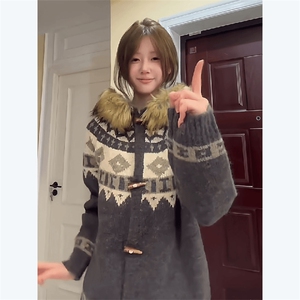 重磅北极绒座山雕大毛毛领毛衣外套冬美式复古休闲慵懒风针织开衫图片