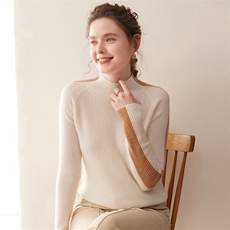 2025秋冬百搭时尚简约半高领撞色袖抽条羊绒衫，女装羊绒衫，珍丝贝尔