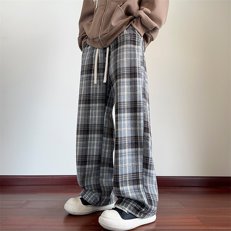 wassup happy红色格子裤子男款春秋季潮流垂感拖地裤宽松休闲长裤图片