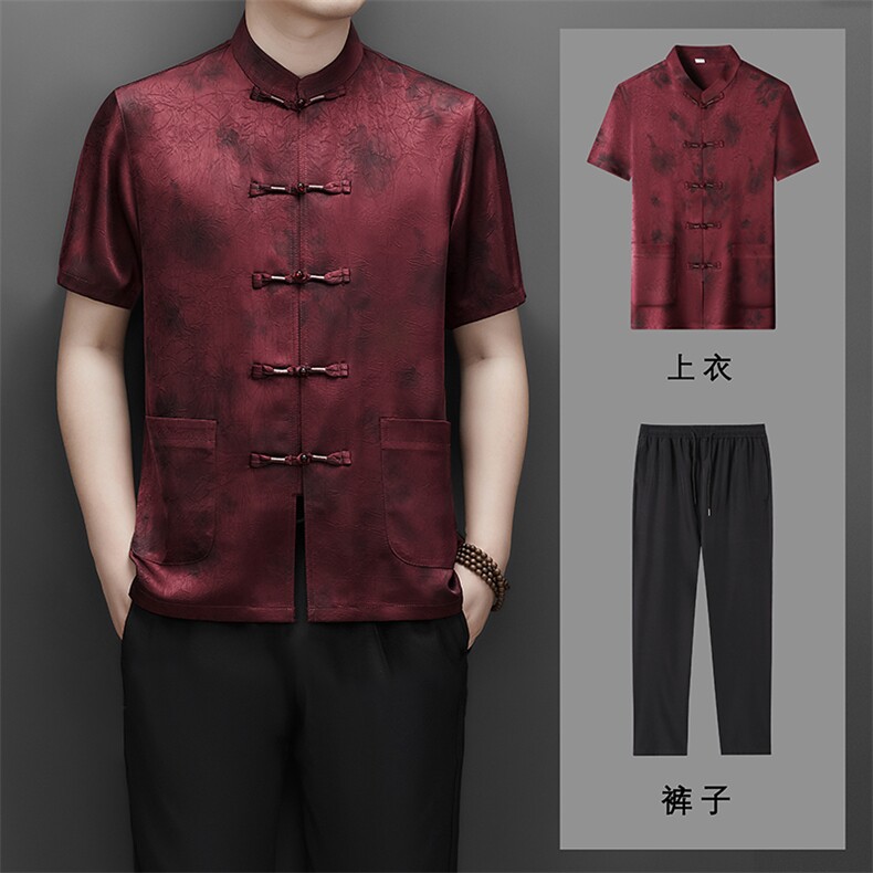 仿香云纱唐装短袖衬衫长裤套装男士中老年风中式复古盘扣T恤,男装T恤,钱塘723