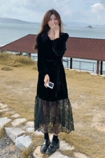 时尚黑色丝绒拼蕾丝连衣裙秋季新款显瘦气质长裙，女装连衣裙，帛锦泉