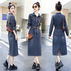 复古港味深色牛仔连衣裙女2024秋季新款气质高腰显瘦修身翻领长裙，女装套装/套裙，布芭啦