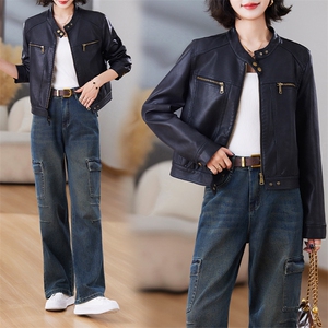 现货春秋宽松短款小个子机车PU美拉德美式复古皮衣外套女皮夹克图片