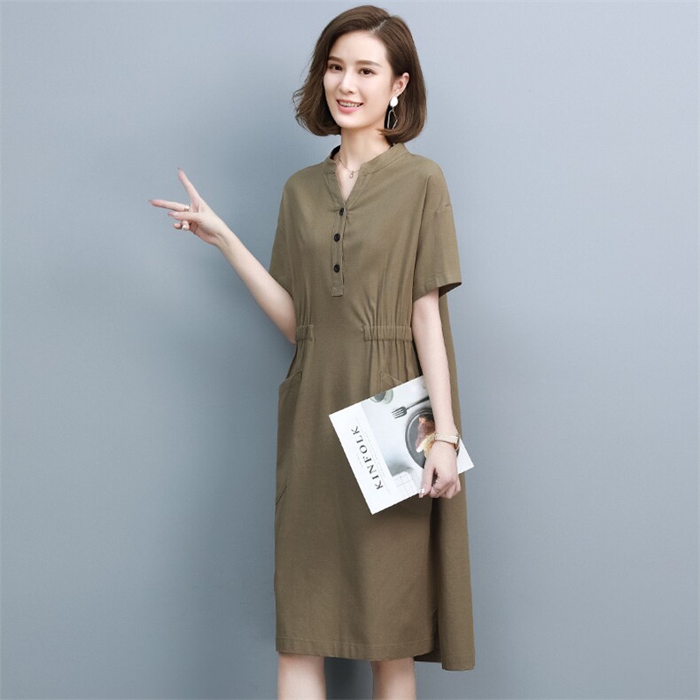 夏季亚麻连衣裙女2025新款中年妈妈薄款中长款宽松气质显瘦棉麻裙,女装连衣裙,靓衣阁